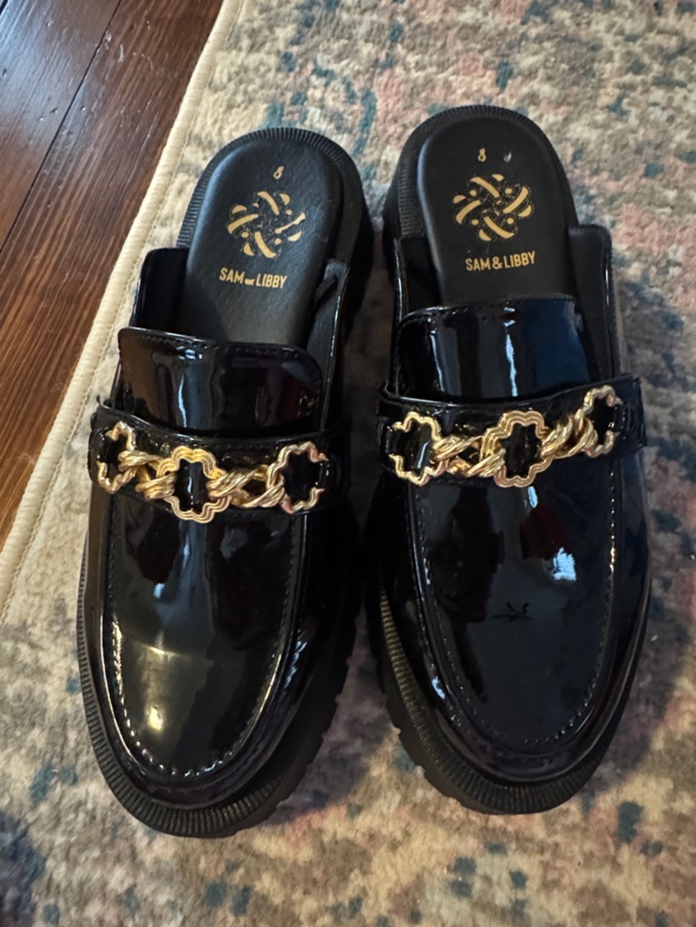 Sam & Libby Black Patent Slip-On Loafers with Gold Chain Accent